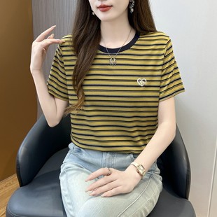 t恤显瘦 设计感小衫 条纹圆领女休闲上衣2025夏季 时尚 气质正肩短袖