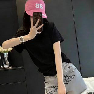 黑色短袖 简约设计感小众上衣 T恤女宽松圆领套头打底衫