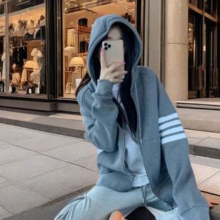 TB华夫格卫衣经典款四杠宽松休闲拉链连帽衫长袖开衫外套男女情侣