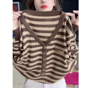 欧货v领针织衫打底毛衣显瘦薄款宽松条纹套头大码内搭2025春新款