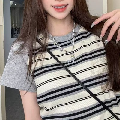 新款韩版条纹短袖女小众设计感