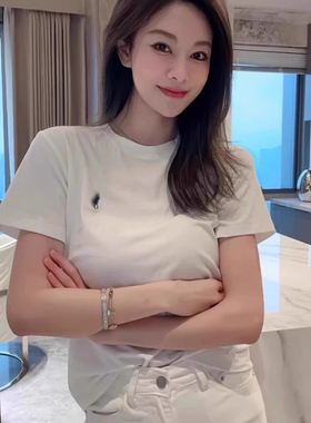 欧货春夏季小马标刺绣圆领短袖T恤显瘦正肩上衣女打底衫2026新款