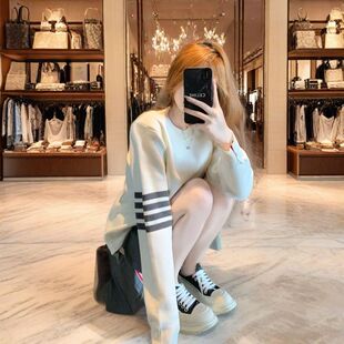 TB四条杠针织衫女2026春季新款显瘦内搭圆领毛衣套头打底衫潮牌