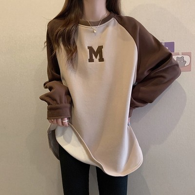 撞色插肩袖圆领卫衣女款秋冬