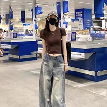 欧美正肩圆领纯棉短袖T恤女夏辣妹短款修身显瘦百搭体恤休闲上衣