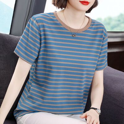 纯棉中年大码宽松遮肚子条纹上衣