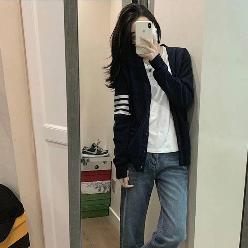 撞色拼接条纹针织开衫女