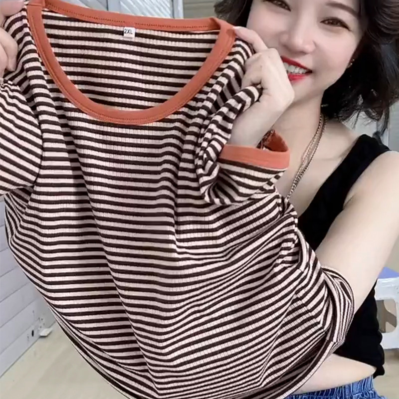 条纹短袖t恤女夏季2025年新款撞色圆领宽松百搭螺纹体恤上衣ins潮,女装/女士精品,大码内搭,淘宝优惠券,粉丝福利购,淘宝优惠卷