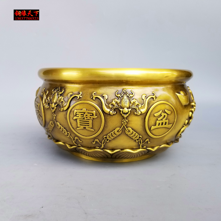 纯铜聚宝盆摆件实心全铜招财聚财八福一碗金聚宝盆家居开业礼品