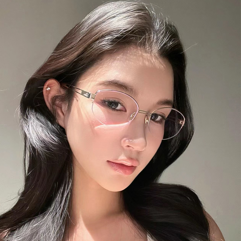 金丝椭圆半框近视眼镜清冷高智感斯文韩系可配度数防蓝光平光框架