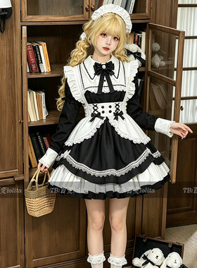 日系大码女仆风黑白lolita洛丽塔连衣裙二次元cos服全套套装现货