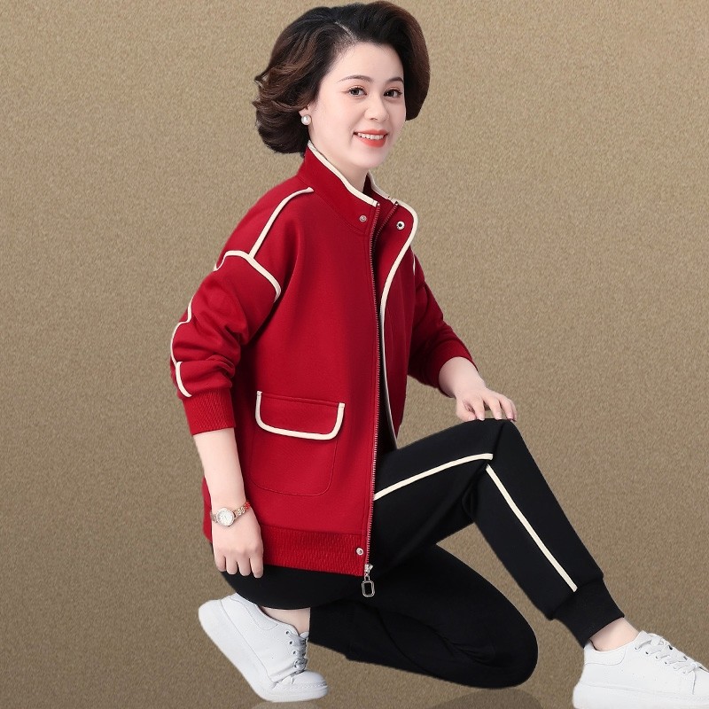 中年妈妈春装外套新款洋气中老年运动服套装女春秋夹克上衣两件套