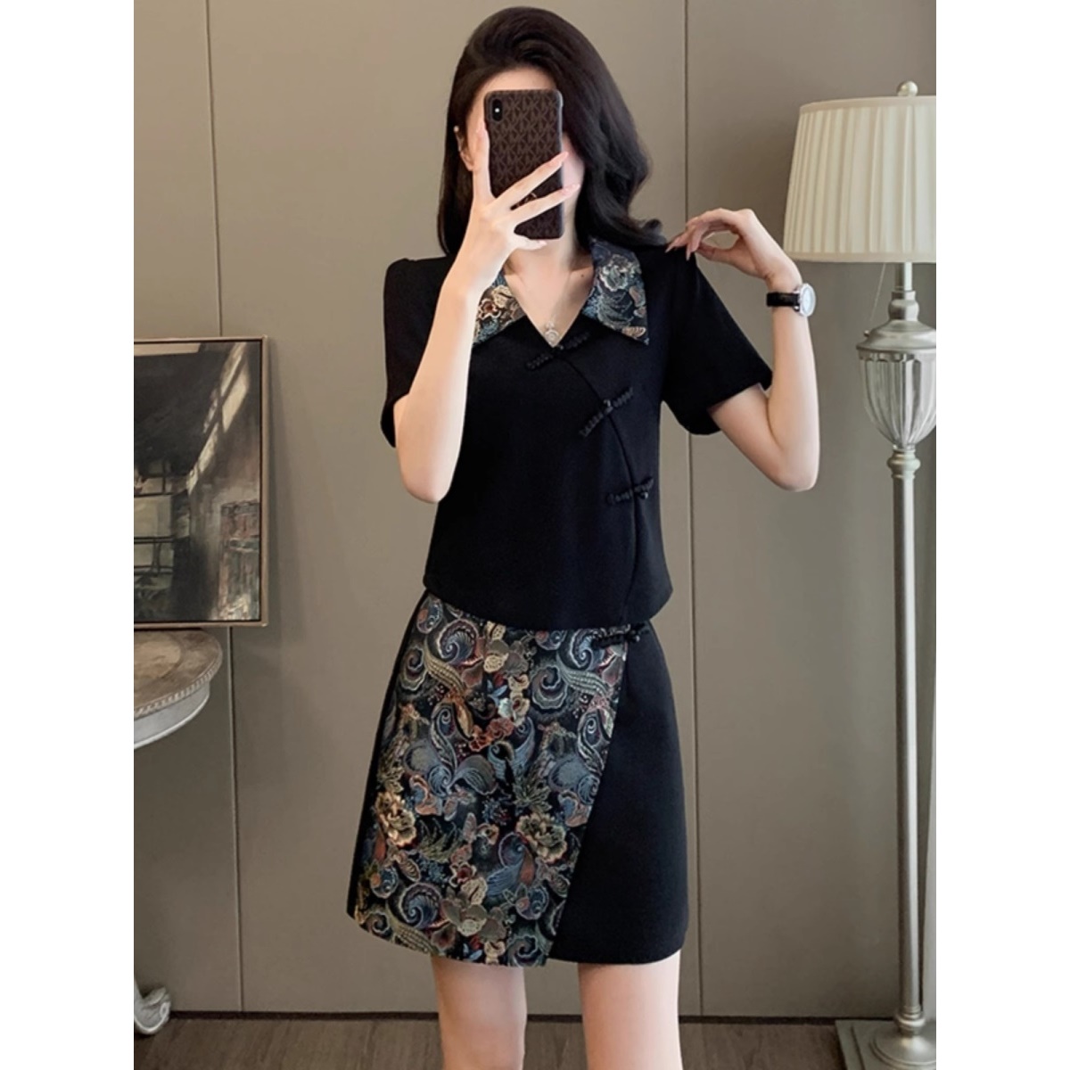 外贸清仓捡漏新中式国风时尚套装女夏季气质短袖显瘦短裙两件套潮