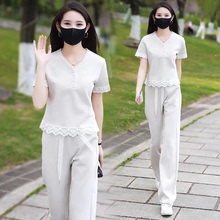 休闲运动套装女2025夏天新款气质蕾丝花边短袖时尚阔腿裤两件套潮