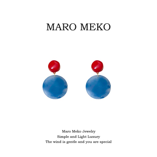 Maro Meko方脸适合的耳环蓝色圆形耳坠酒红色秋冬新款耳钉耳夹女
