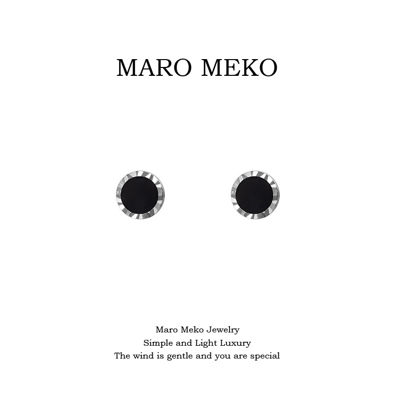 Maro Meko925银黑色圆形纯银耳钉简约气质日常百搭耳饰个性银饰女