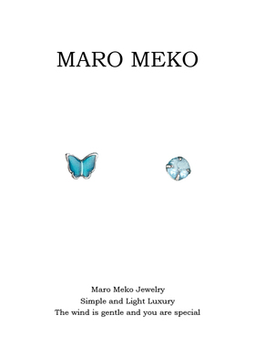 Maro Meko迷你可爱蓝色蝴蝶不对称耳钉小巧精致ab款耳饰卡通耳夹