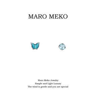 Maro Meko迷你可爱蓝色蝴蝶不对称耳钉小巧精致ab款耳饰卡通耳夹