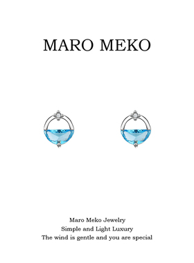 Maro Meko一汪清泉蓝色锆石圆形耳钉轻奢小众高级感耳环精致耳夹