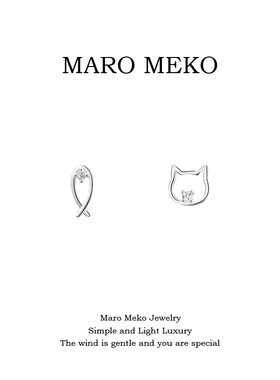 Maro Meko通体999足银可爱小猫小鱼AB款纯银耳钉卡通猫咪银饰耳饰