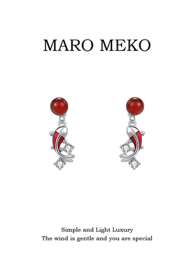 Maro Meko通体925银红色玛瑙幸运锦鲤纯银耳钉新中式复古新年耳环