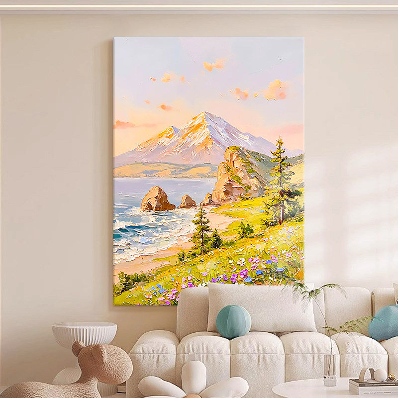 奶油风手绘油画日照金山