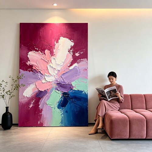 原创大芬村手绘油画日出抽象花卉有框玄关装饰画现代简约艺术中古