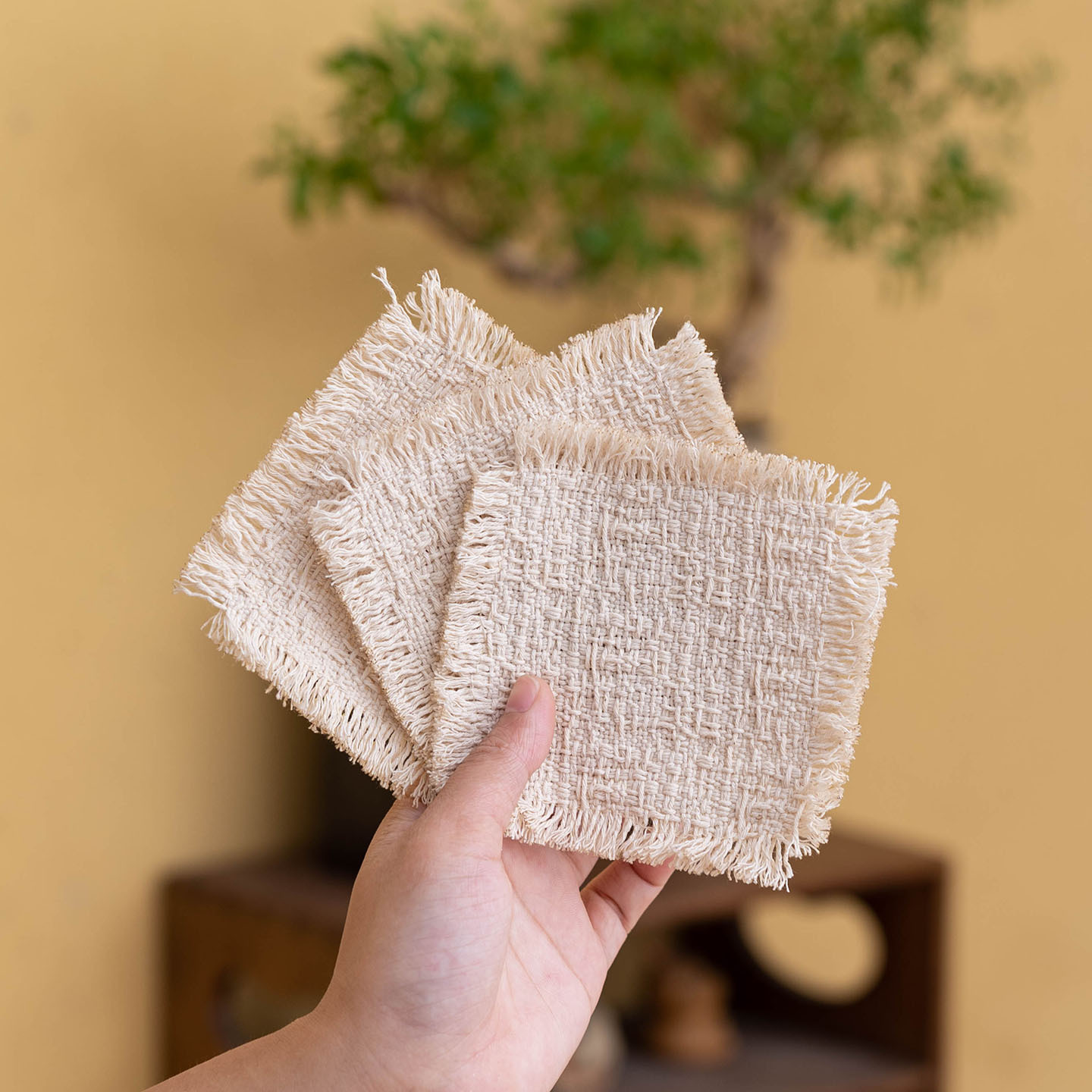 米白棉麻手工粗纹流苏杯垫茶桌防烫双面隔热垫杯托茶道配件四方