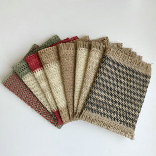 ins风复古纸绳编织餐垫拼色茶席圣诞装饰垫中古纸编黄麻混编隔热