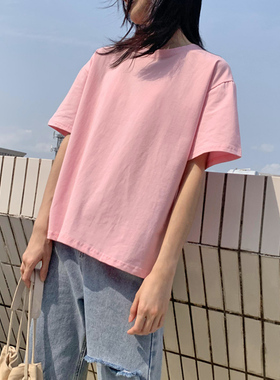 粉色t恤女宽松学生甜美韩版夏季棉质原宿风纯色内搭短袖体恤上衣