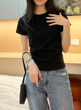 棉质正肩短袖T恤女夏休闲百搭上衣体恤修身黑色显瘦基础款打底衫