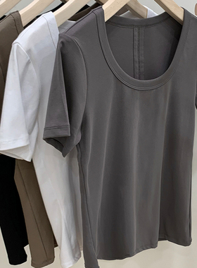 灰色短袖T恤女夏2024新款大圆领露锁骨高级感chic潮气质修身上衣