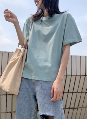 2021年新款打底衫女内搭夏装半袖大码t恤蓝色纯色短袖上衣简约棉