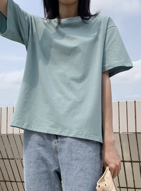 港风简约纯色棉质上衣T恤女夏潮新款韩版宽松大码体恤圆领基础款