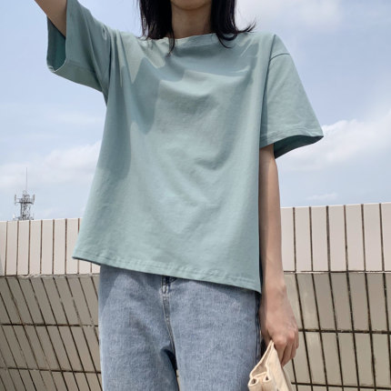 港风简约纯色棉质上衣T恤女夏潮新款韩版宽松大码体恤圆领基础款