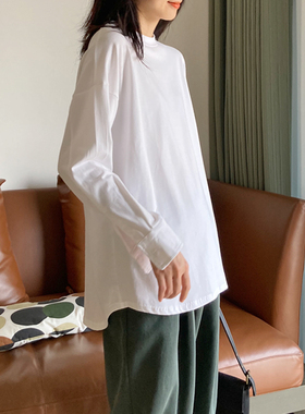 中长款弧形下摆宽松长袖白T恤女棉质衬衫袖流行上衣减龄打底体恤