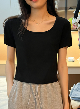 黑色螺纹正肩t恤女法式方领独特别致短袖上衣ins纯欲辣妹半袖体恤