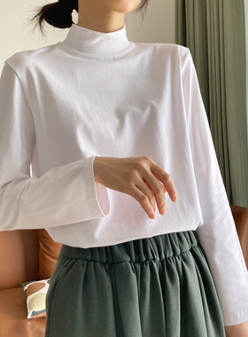 半高领纯色经典长袖T恤女秋冬新款小立领棉质质感内搭打底衫上衣