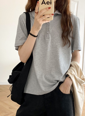 灰色短袖翻领polo衫T恤新款女夏正肩设计感宽松显瘦减龄上衣女薄