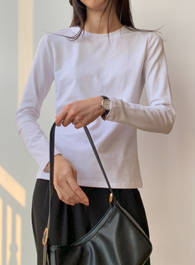 秋冬内搭棉质体恤修身显瘦纯白色圆领长袖t恤女上衣服套头打底衫