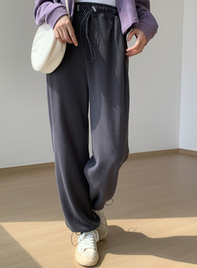 深灰色街头运动裤女秋季大码高腰宽松休闲显瘦抽绳阔腿束脚卫裤女