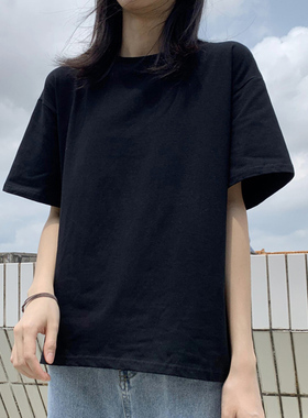 简约黑色t恤女宽松学生韩版夏季棉质原宿风纯色内搭短袖体恤上衣