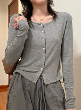 早秋气质洋气显瘦长袖小衫灰色针织开衫外套女装小香风漂亮小上衣