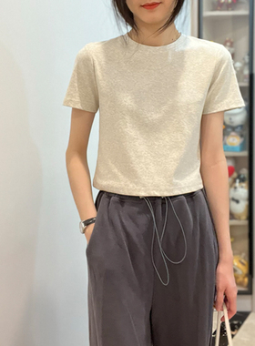 修身短款灰色正肩T恤女短袖2023新款夏季小个子高腰棉质打底上衣