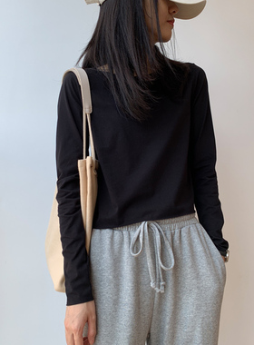 黑色棉质短款长袖T恤打底衫女韩版秋冬修身纯色学生内搭上衣春季
