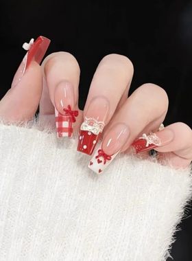 M355圣诞甜心半手工穿戴甲红色法式显白蝴蝶结蕾丝ins新款美甲
