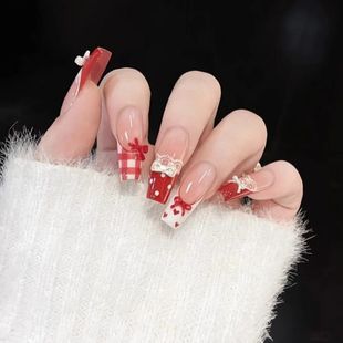 M355圣诞甜心半手工穿戴甲红色法式 美甲 显白蝴蝶结蕾丝ins新款
