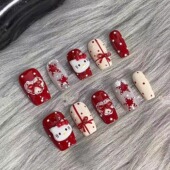 M385圣诞Kitty星星波点高级圣诞美甲猫猫爱心穿戴甲贴片可拆卸