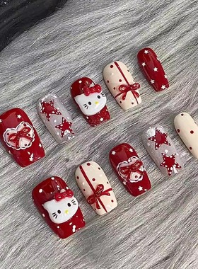 M385圣诞Kitty星星波点高级圣诞美甲猫猫爱心穿戴甲贴片可拆卸