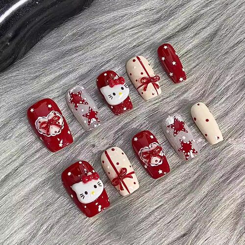 Kitty爱心波点穿戴甲贴片可拆卸